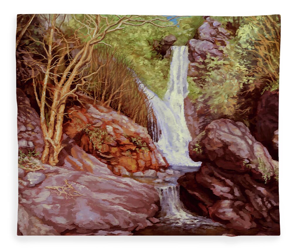 Outdoor Fleece Blanket featuring the painting Salmon Creek Falls by Hans Neuhart