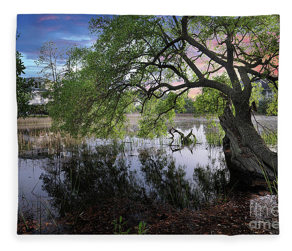 Salt Marsh Fleece Blanket featuring the photograph Salt Marsh - Sunset - Live Oak Tree by Dale Powell