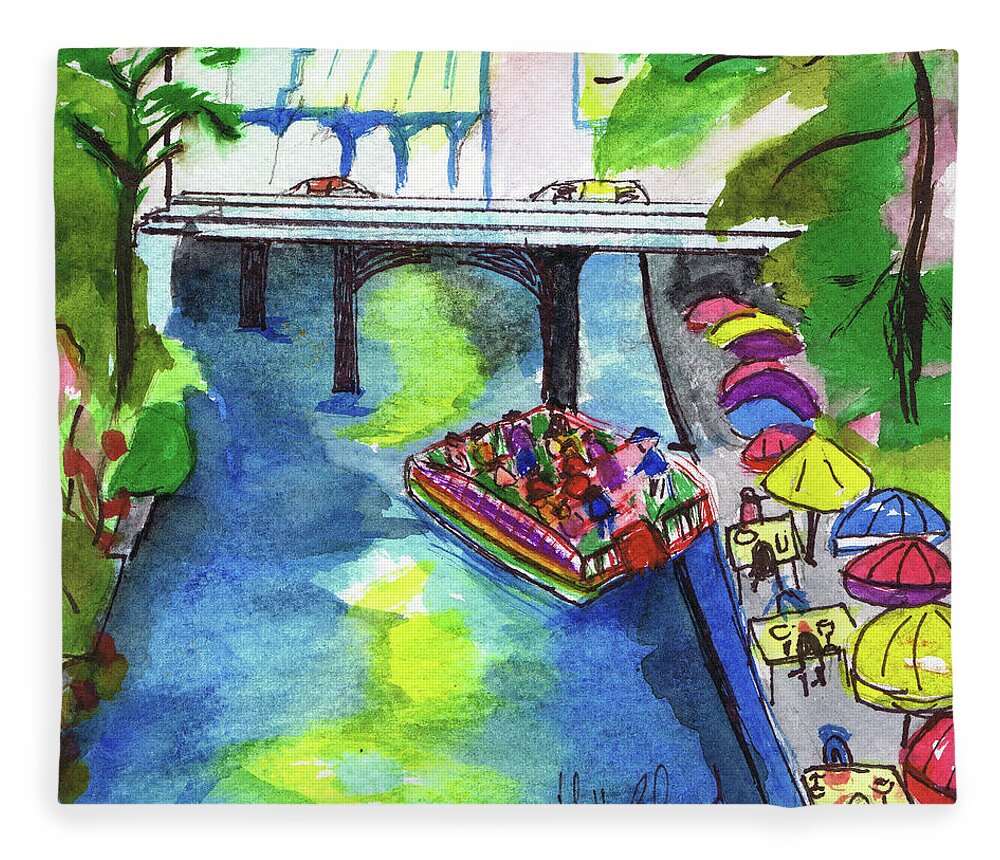 Boat Fleece Blanket featuring the painting San Antonio Riverwalk by Genevieve Holland