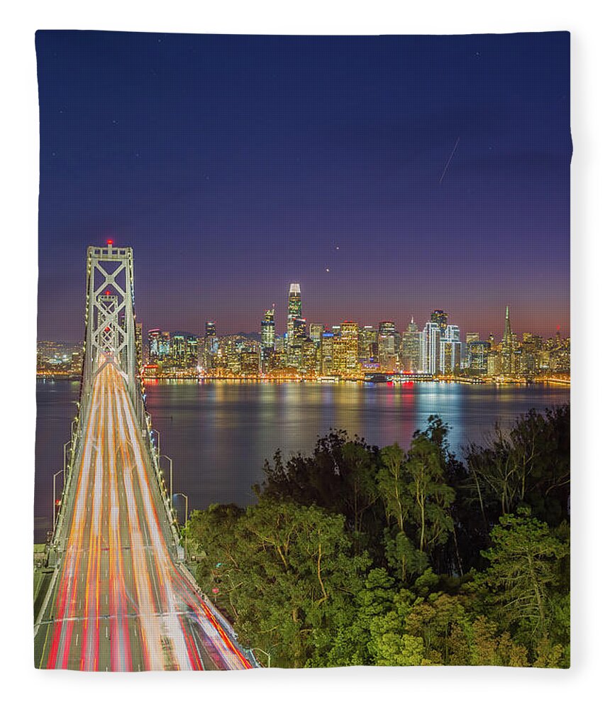 Bay Area Fleece Blanket featuring the photograph San Francisco Bay Bridge Nightscape Portrait by Scott McGuire