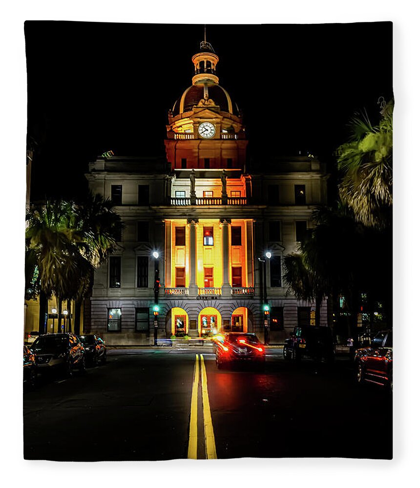 Savannah Fleece Blanket featuring the photograph Savannah City Hall at night by Kenny Thomas