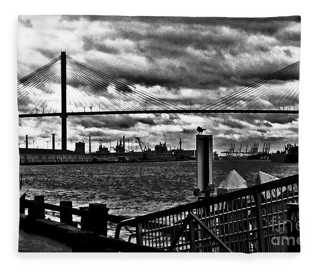 Eugene Talmadge Fleece Blanket featuring the photograph Savannah River Bridge the Morning after Hurricane Matthew No. 2 by Aberjhani
