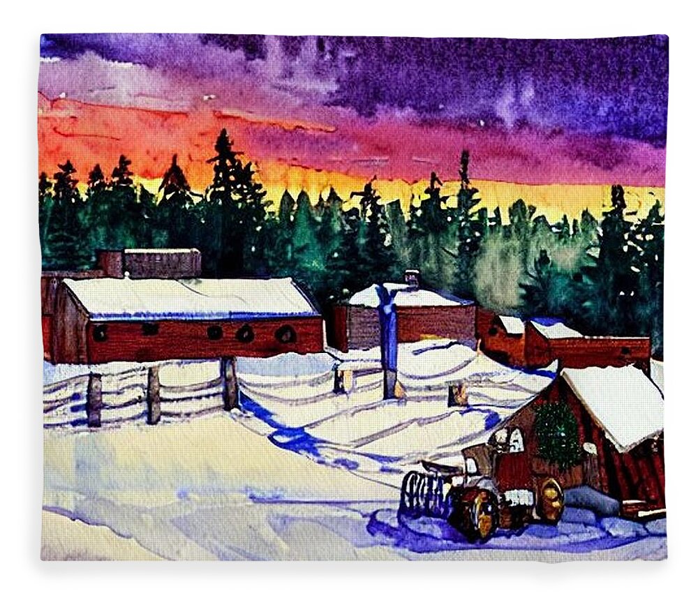 Ramapo Fleece Blanket featuring the painting Sawmill at Ramapo in Winter by Christopher Lotito