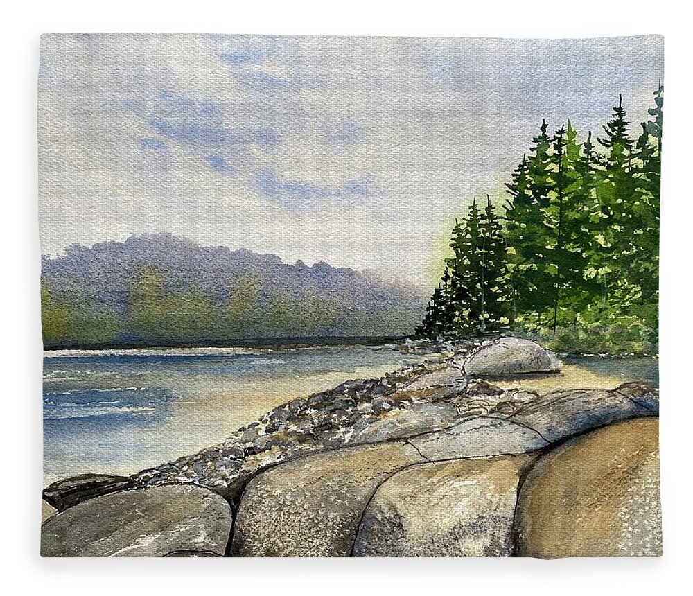 Acadia National Park Fleece Blanket featuring the painting Schoodic Rocks by Kellie Chasse