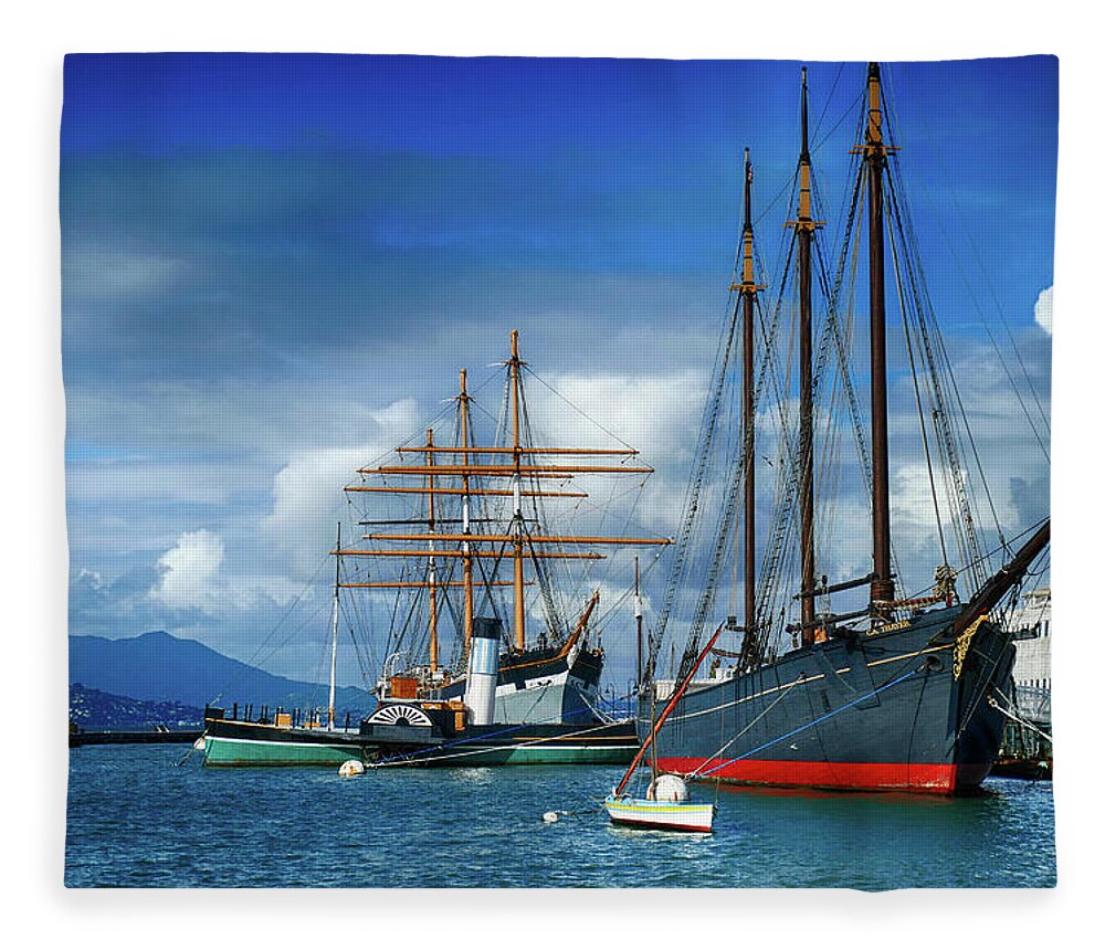 Balcutha Fleece Blanket featuring the photograph Schooner C. A. Thayer and square rigged ship Balcutha by Steve Estvanik