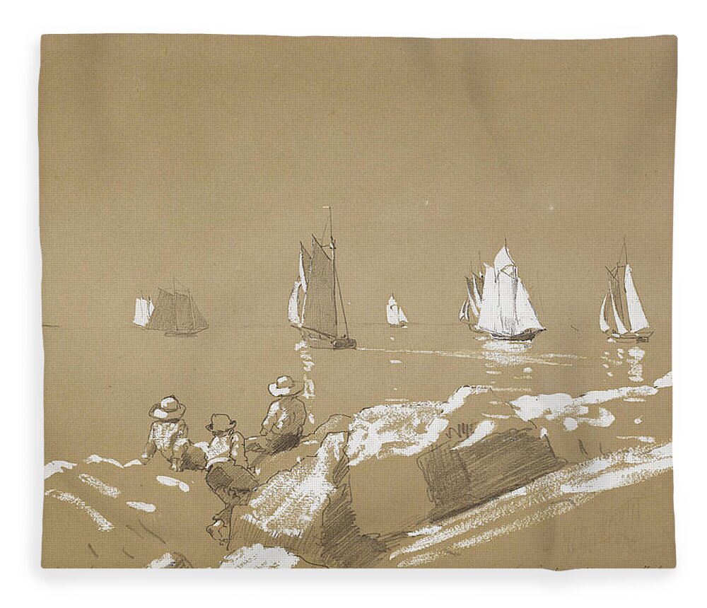 Winslow Homer Fleece Blanket featuring the drawing Schooners in Gloucester Harbor by Winslow Homer