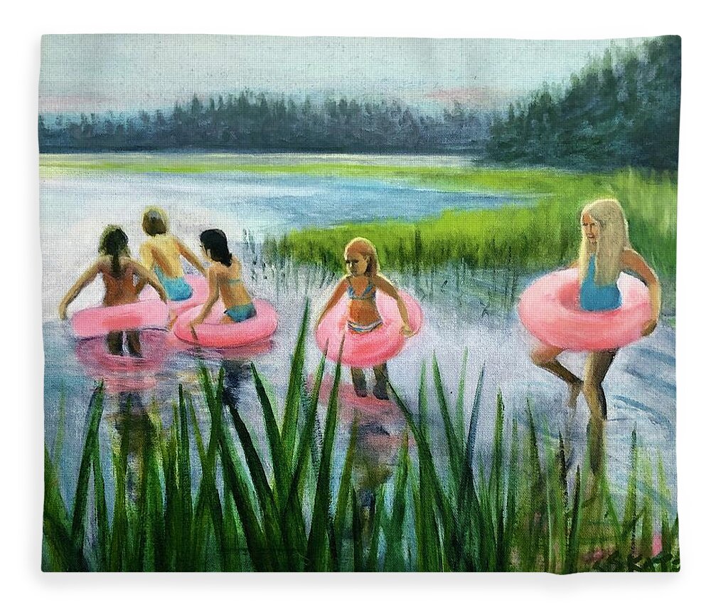 Pink Floaties Fleece Blanket featuring the painting Scoby Pond Birthday by Cyndie Katz