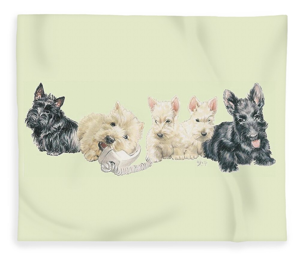 Terrier Group Fleece Blanket featuring the mixed media Scottish Terrier Puppies by Barbara Keith