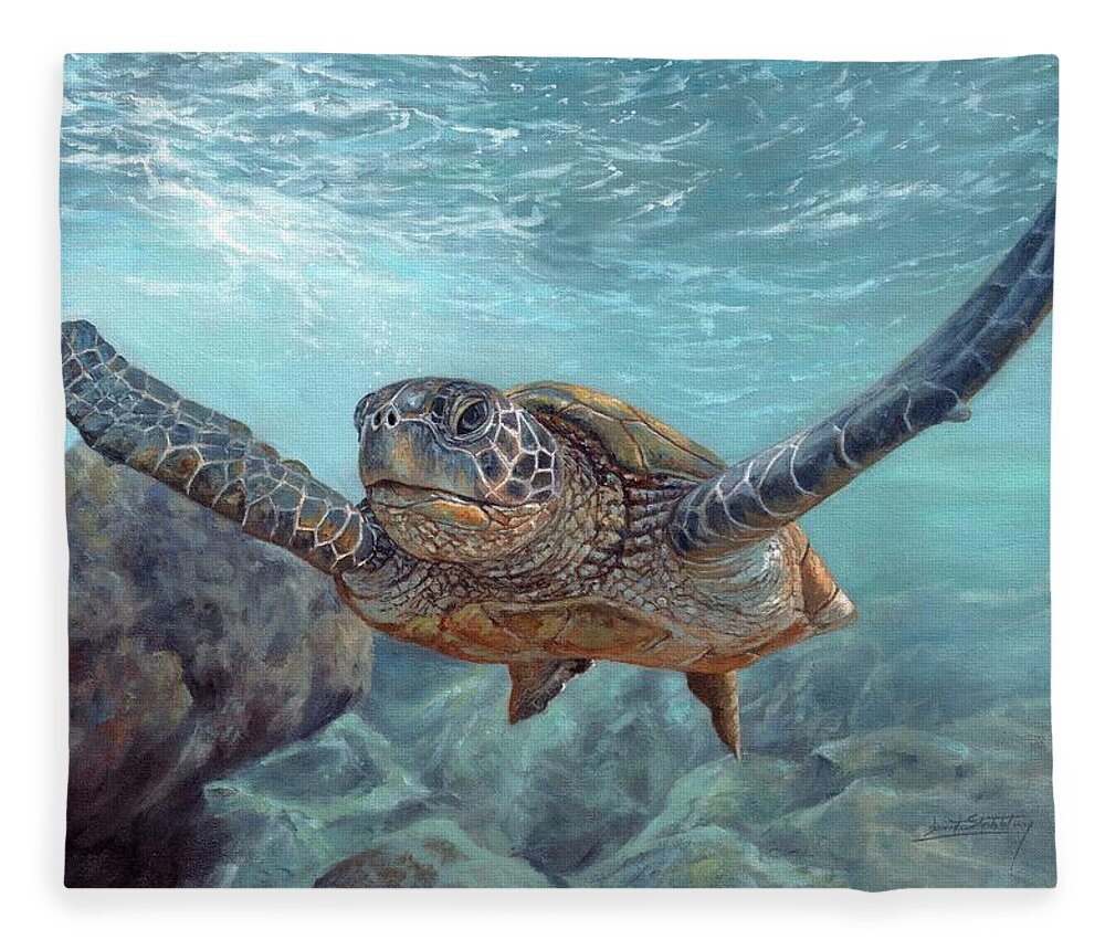 Sea Turtle Fleece Blanket featuring the painting Sea Diver by David Stribbling