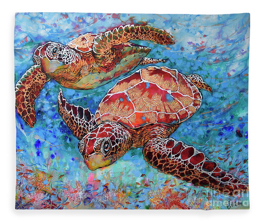 Marine Turtles Fleece Blanket featuring the painting Sea Turtle Companions by Jyotika Shroff