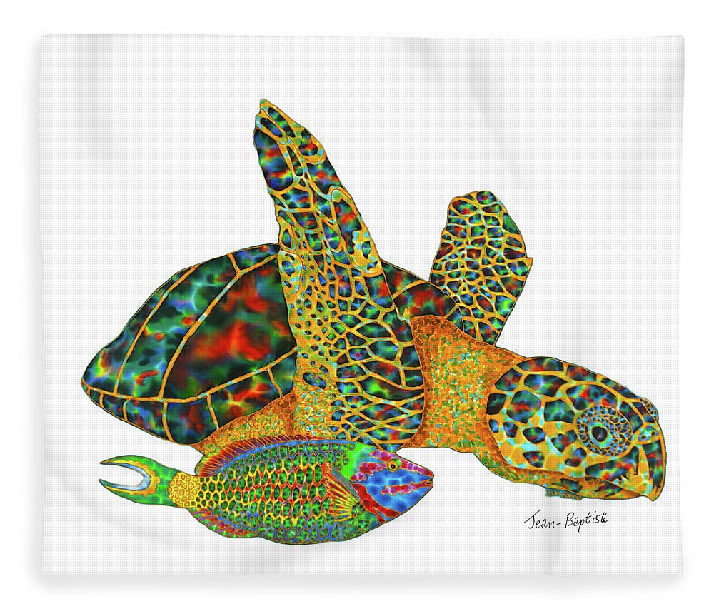  Fleece Blanket featuring the painting Sea Turtle white background by Daniel Jean-Baptiste