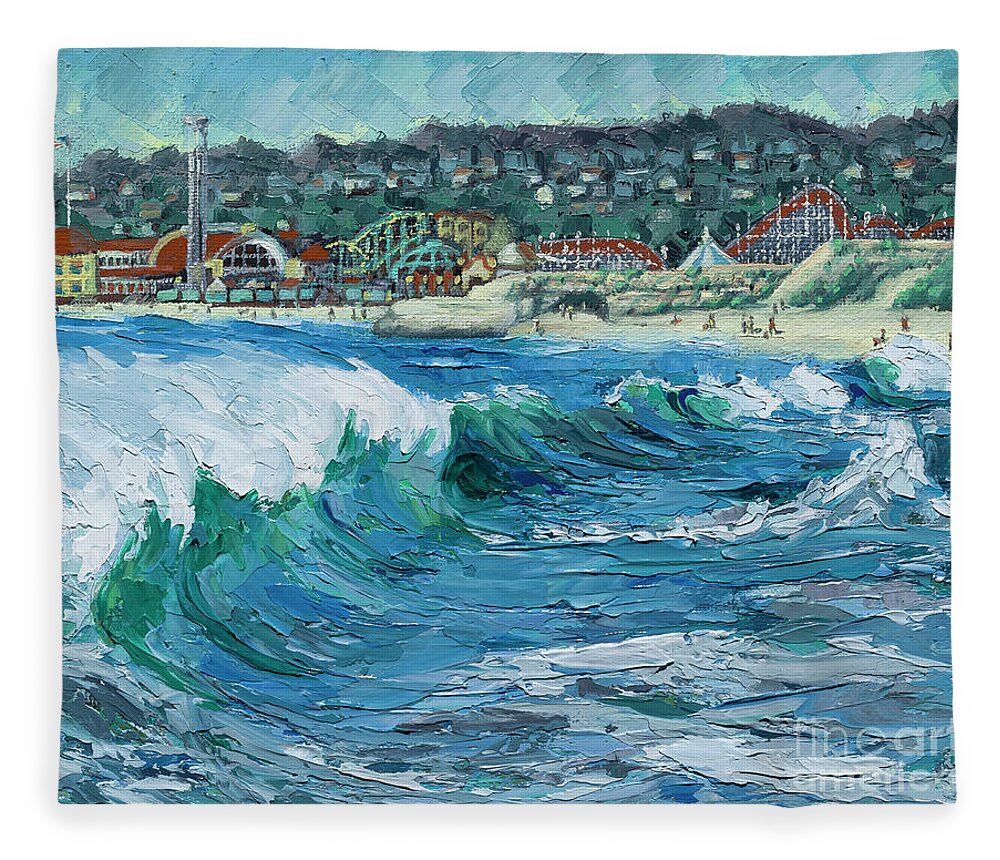 Impasto Fleece Blanket featuring the painting Seabright Beach Wave, 2021 by PJ Kirk