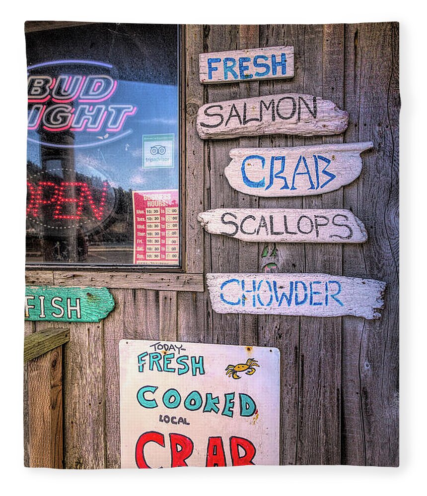 Signs Fleece Blanket featuring the photograph Seafood Signs at the Dock by Debra and Dave Vanderlaan