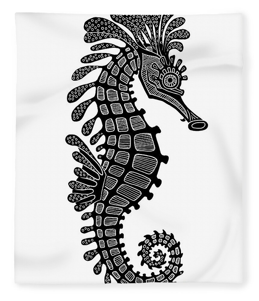 Seahorse Fleece Blanket featuring the drawing Seahorse Ink 4 by Amy E Fraser