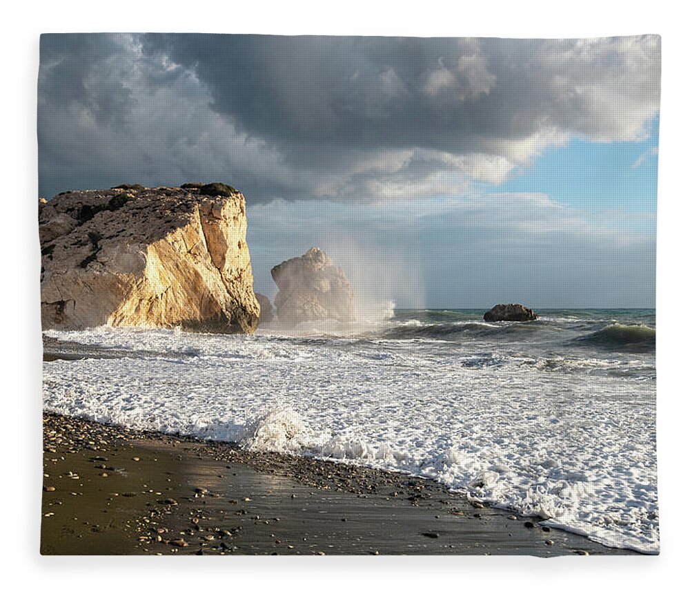 Seascape Fleece Blanket featuring the photograph Seascape with windy waves splashing on the coast by Michalakis Ppalis