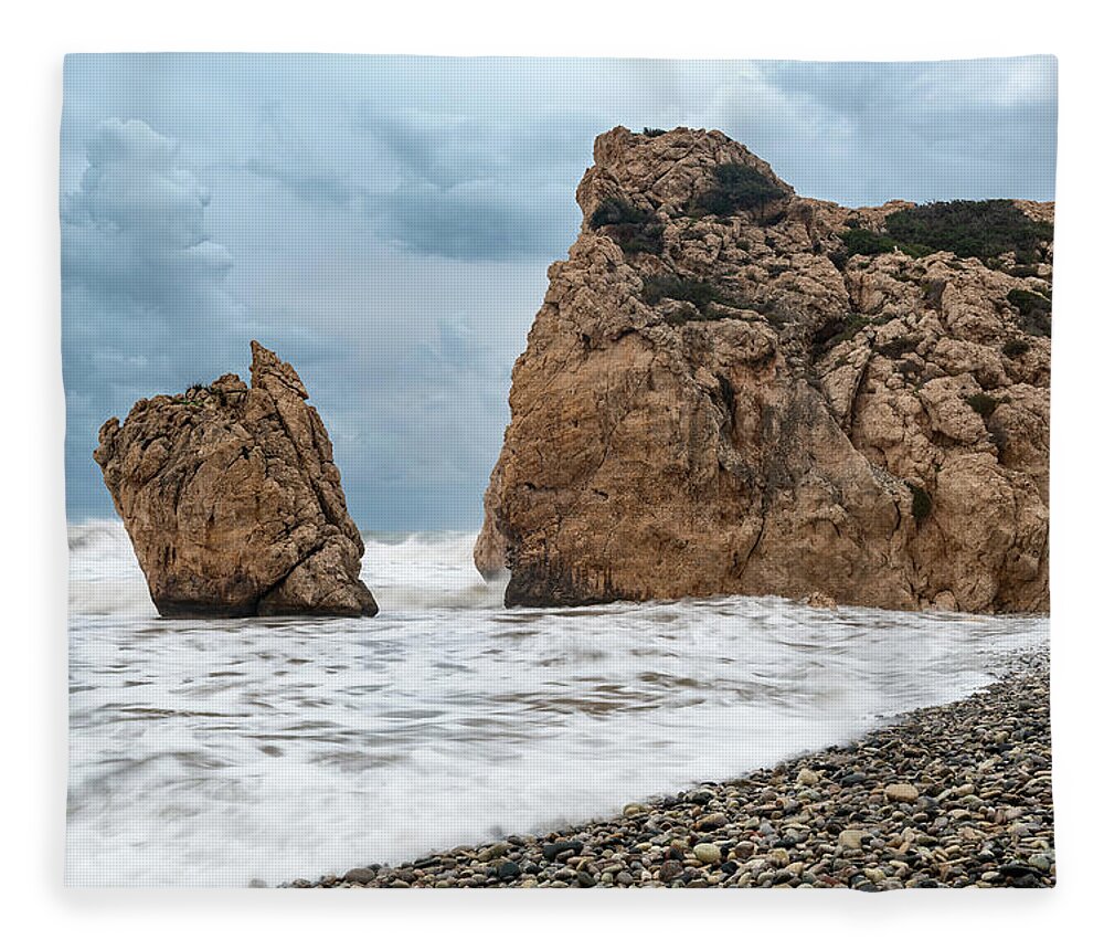 Coastline Fleece Blanket featuring the photograph Seascapes with windy waves. Rock of Aphrodite Paphos Cyprus by Michalakis Ppalis