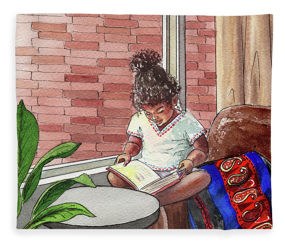 Girl Fleece Blanket featuring the painting Seated Closer To The Light Black Girl Reading Book Watercolor by Irina Sztukowski