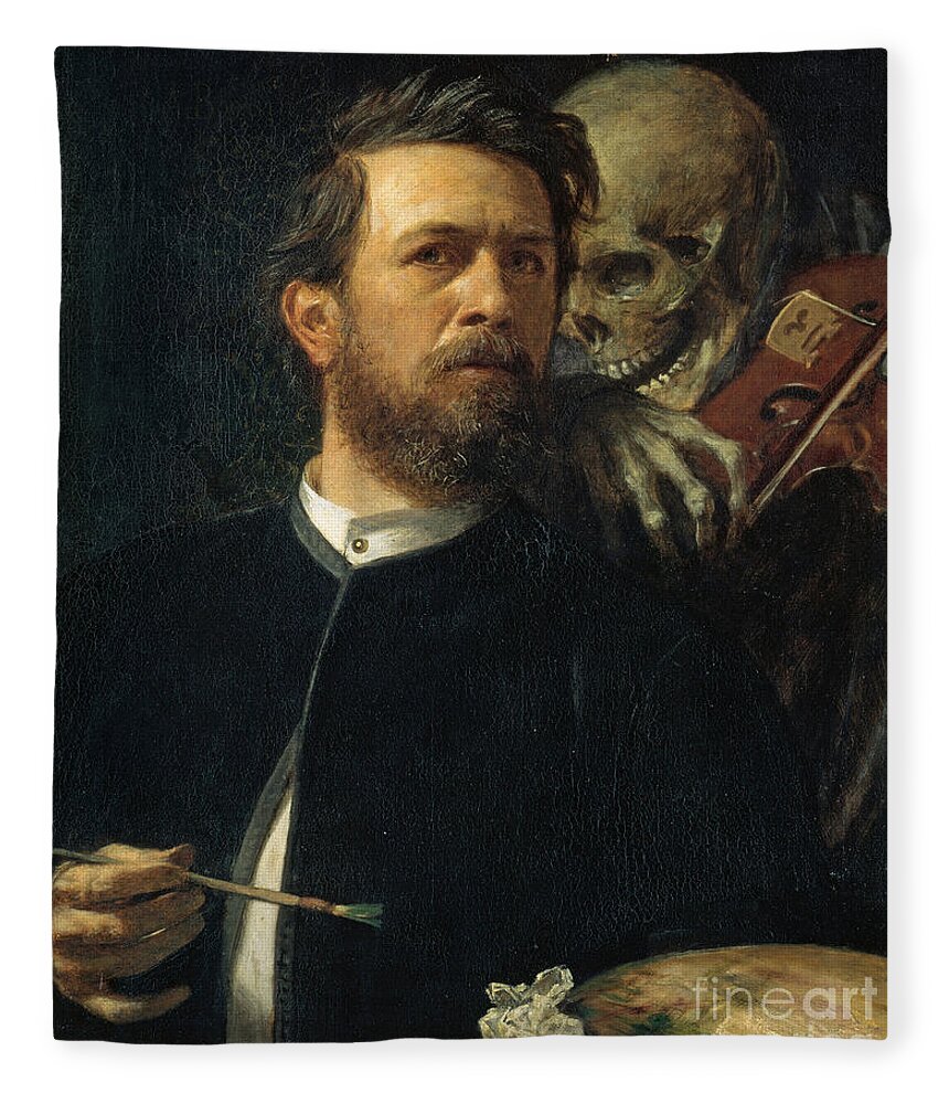 Arnold Boecklin Fleece Blanket featuring the painting Self Portrait With Death Playing The Fiddle 1872 by Arnold Boecklin