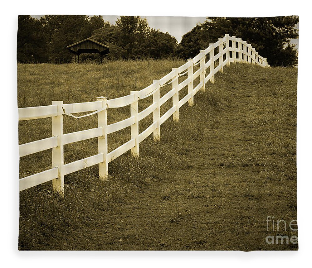 Paddock Fleece Blanket featuring the photograph Sepia Aged Fences 2 Rural Landscape Photograph by PIPA Fine Art - Simply Solid