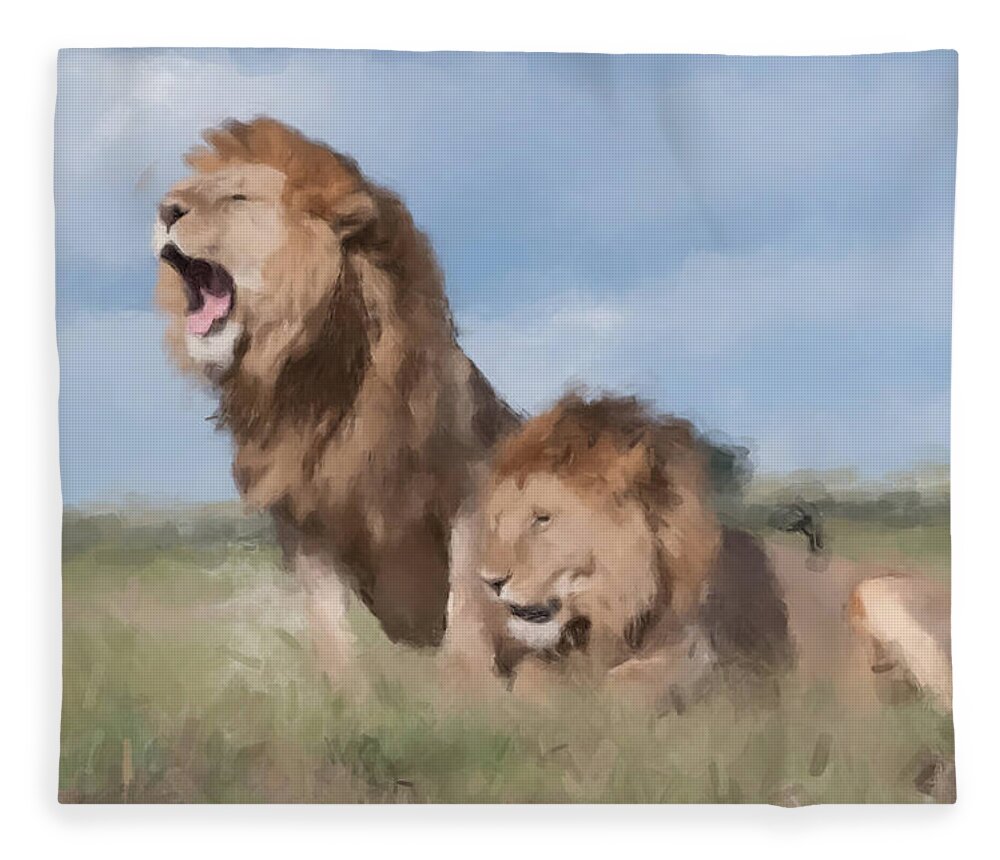 Lions Fleece Blanket featuring the painting Serengeti Watch by Gary Arnold