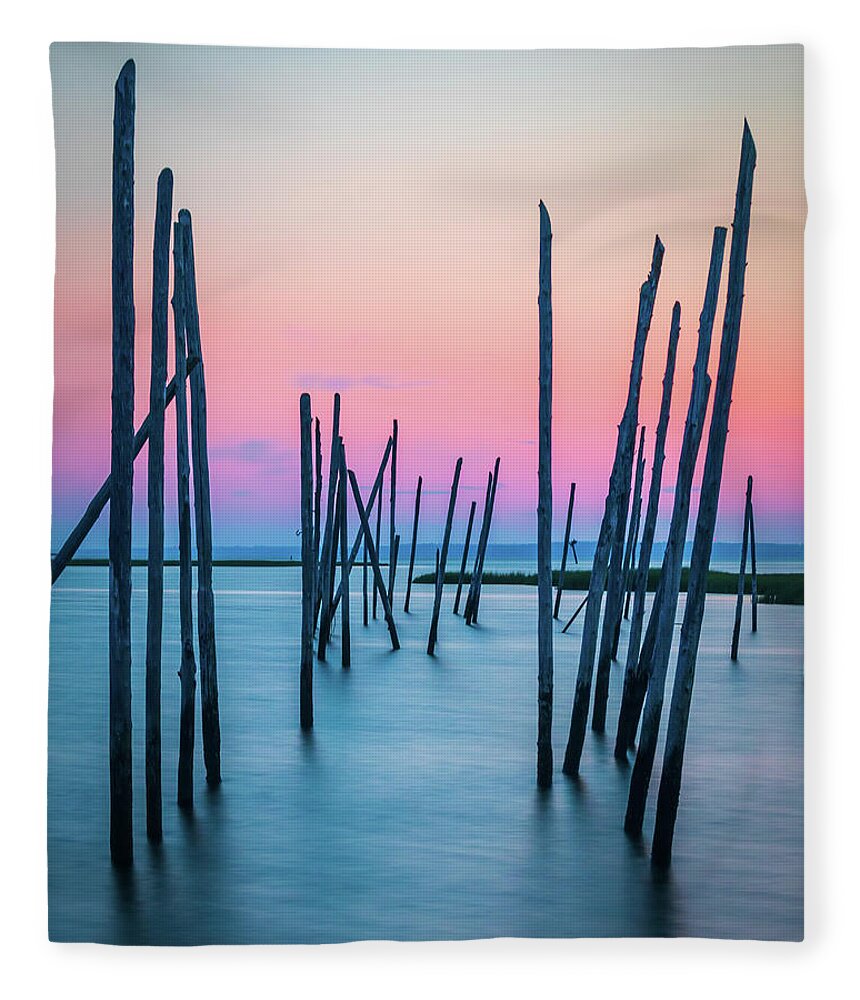 New Jersey Fleece Blanket featuring the photograph Seven Bridges Boat Pilings Sunset by Kristia Adams
