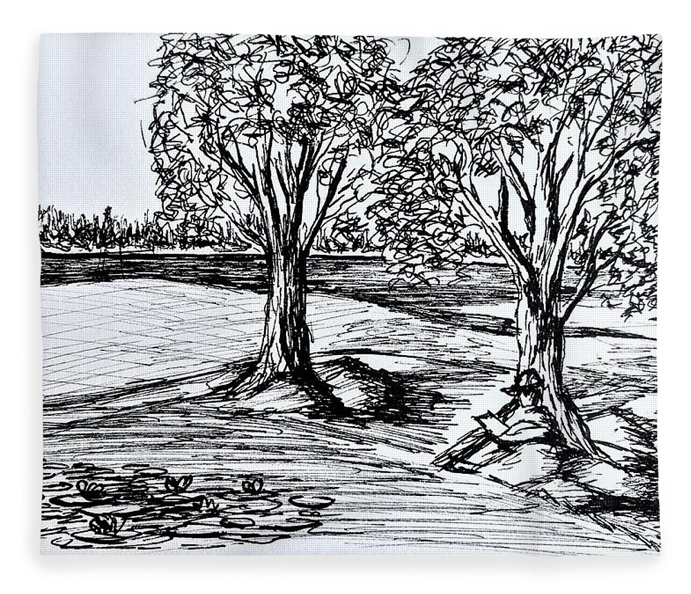 Black And White Fleece Blanket featuring the drawing Shade Trees by Tammy Nara