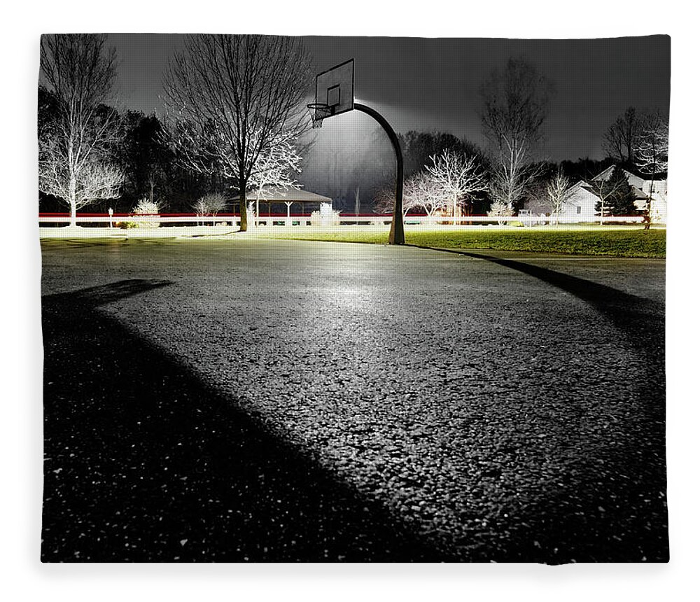 Basketball Fleece Blanket featuring the photograph ShadowBall - basketball hoop in Stoughton WI casts interesting shadow on asphalt by Peter Herman