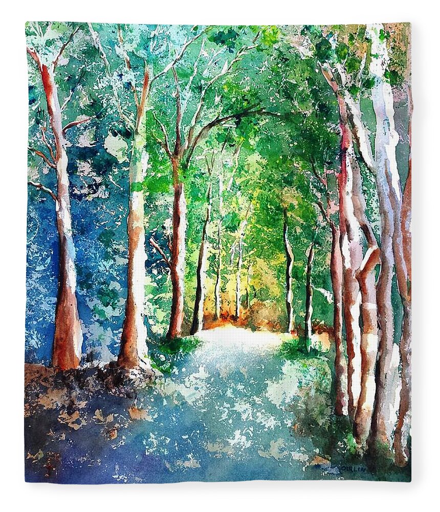 Trees Fleece Blanket featuring the painting Shady Tree Lined Country Road by Carlin Blahnik CarlinArtWatercolor