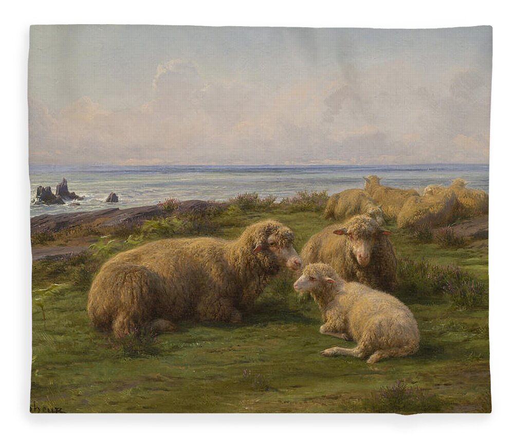 19th Century Art Fleece Blanket featuring the painting Sheep by the Sea, 1865 by Rosa Bonheur