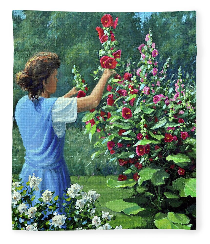 Woman Fleece Blanket featuring the painting Shelly and her Hollyhocks by Rick Hansen
