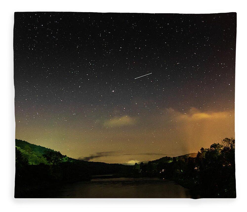 Night Fleece Blanket featuring the photograph Shooting Star Over The Upper Delaware River - Barryville NY Shohola PA Bridge by Amelia Pearn