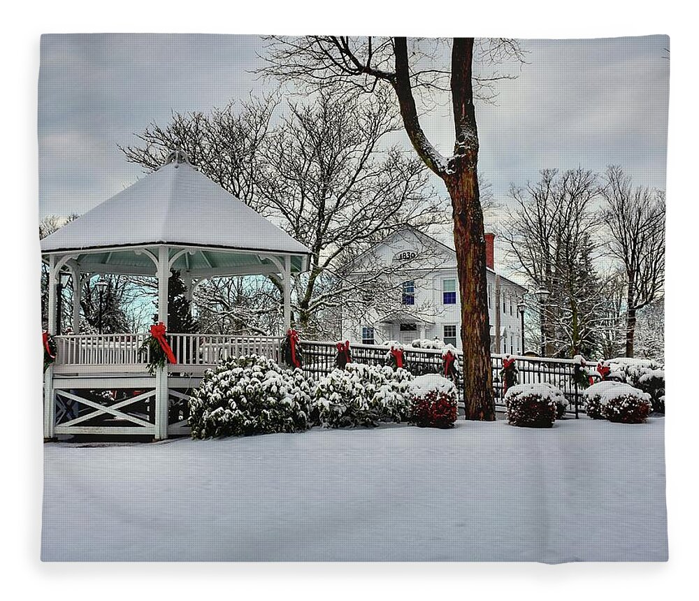 Shrewsbury Fleece Blanket featuring the photograph Shrewsbury Town Common covered in snow by Monika Salvan