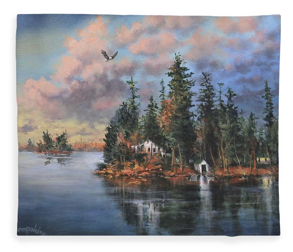 Wisconsin Fleece Blanket featuring the painting Shropshire Island by Tom Shropshire