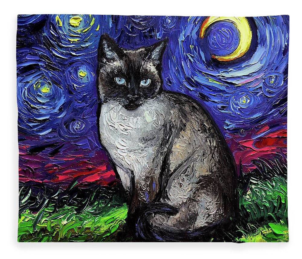 Siamese Cat Fleece Blanket featuring the painting Siamese Night by Aja Trier