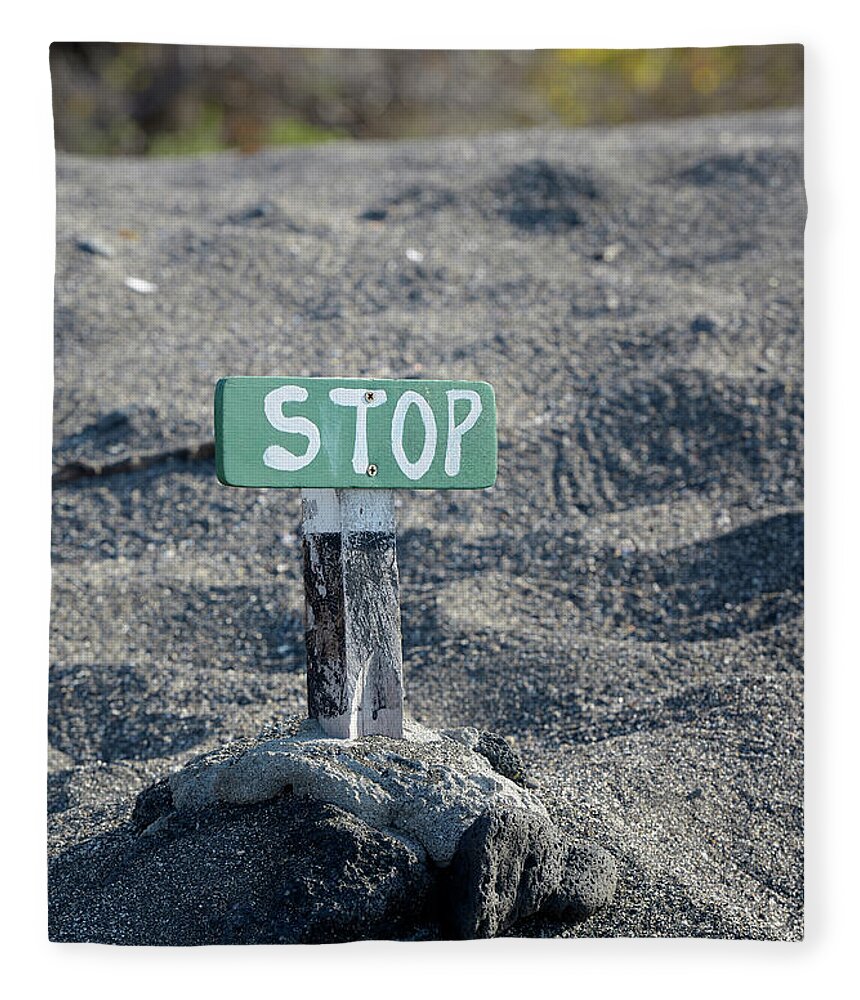 Republic Of Ecuador Fleece Blanket featuring the photograph Sign to keep people off Galapagos green turtle nesting areas, Urbina Bay, Isabela Island, Galapagos Islands, Ecuador by Kevin Oke