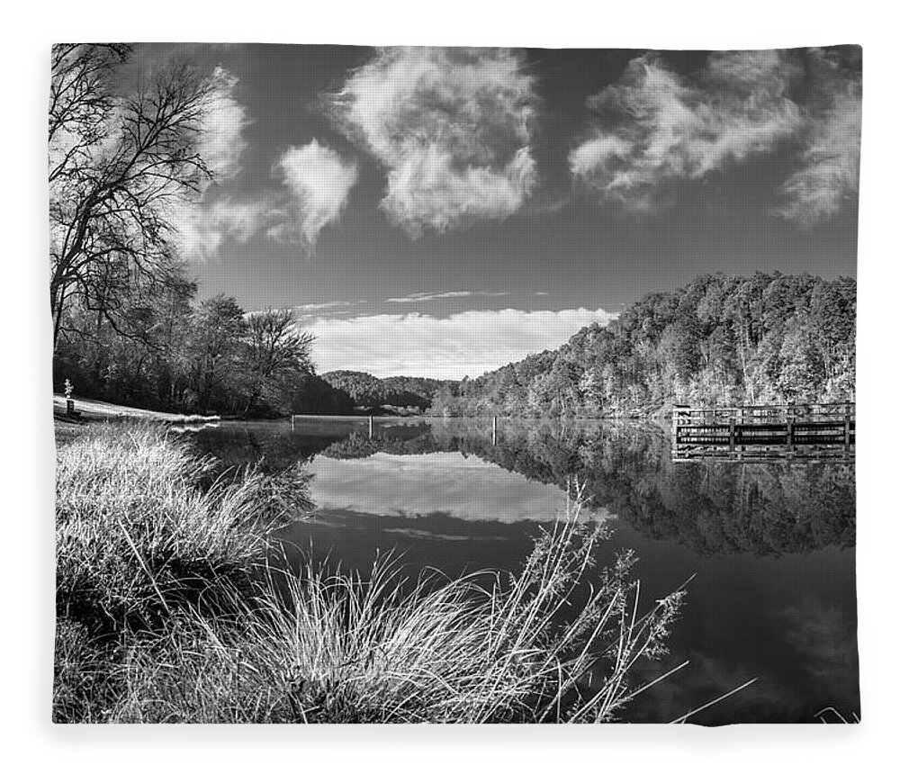 Carolina Fleece Blanket featuring the photograph Silver Grasses at the Docks Black and White by Debra and Dave Vanderlaan