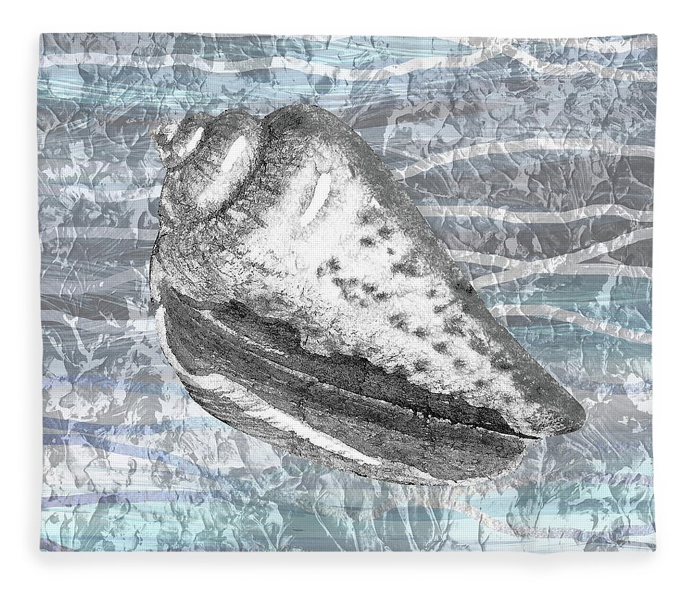 Seashell Fleece Blanket featuring the painting Silver Gray Seashell On Ocean Shore Waves And Rocks VIII by Irina Sztukowski