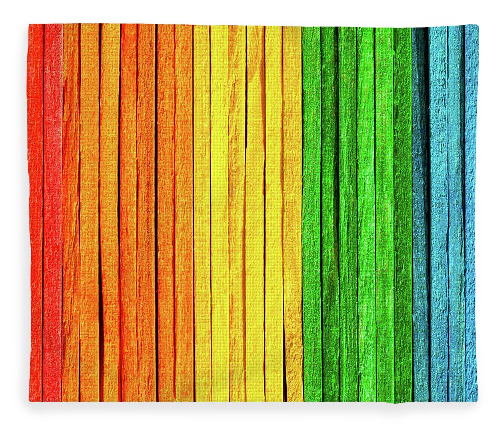 Simple full rainbow backdrop, colorful wooden popsicle sticks backdrop.  Abstract multi colored natural background wall texture. Education, freedom,  happiness concept. Vivid, vibrant crafts wallpaper Fleece Blanket by  CleverArtsMedia - Fine Art America