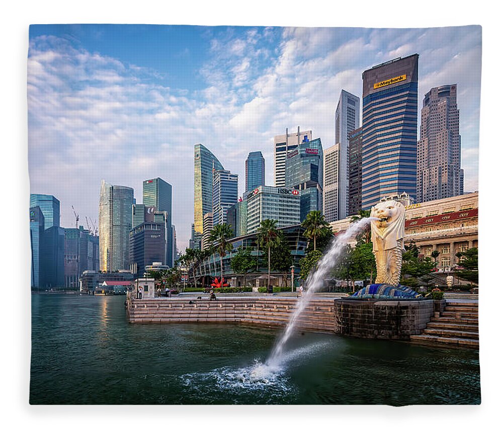 Architecture Fleece Blanket featuring the digital art Singapore and the Merlion by Kevin McClish