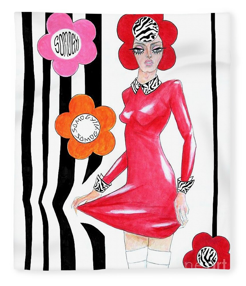 Mary Quant Fleece Blanket featuring the painting Sixties Redhead No. 4 by Jayne Somogy