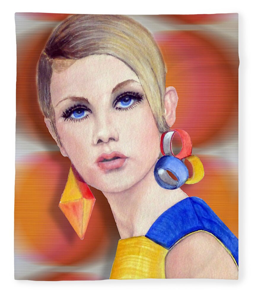 Fashion Fleece Blanket featuring the mixed media Sixties Retro Twiggy by Kelly Mills