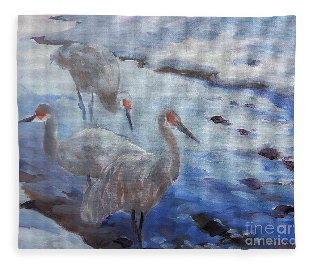 Crane Fleece Blanket featuring the painting Sketch of Cranes by K M Pawelec