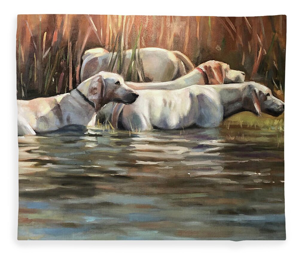 Hounds Dogs Painting Portrait Foxhounds Water Contemporary Fleece Blanket featuring the painting Skinny Dipping by Susan Bradbury