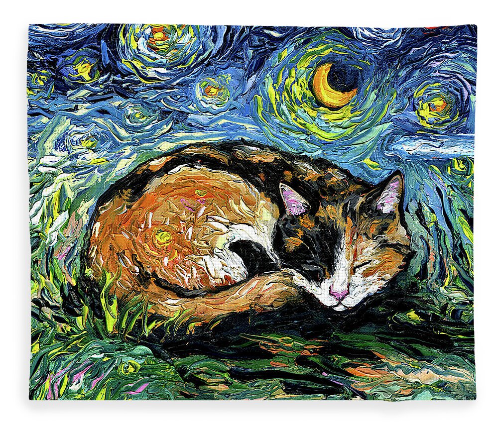 Calico Fleece Blanket featuring the painting Sleepy Calico Night by Aja Trier