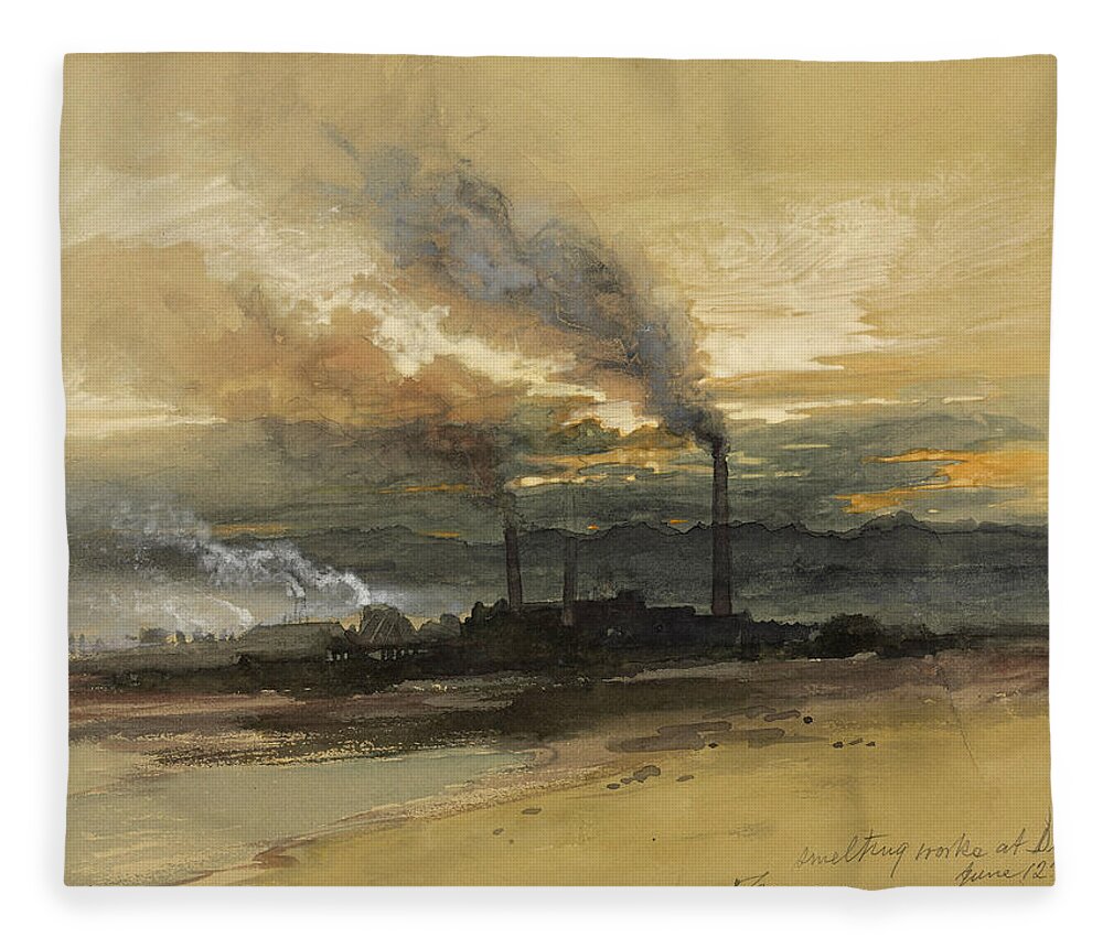 Thomas Moran Fleece Blanket featuring the drawing Smelting Works at Denver by Thomas Moran
