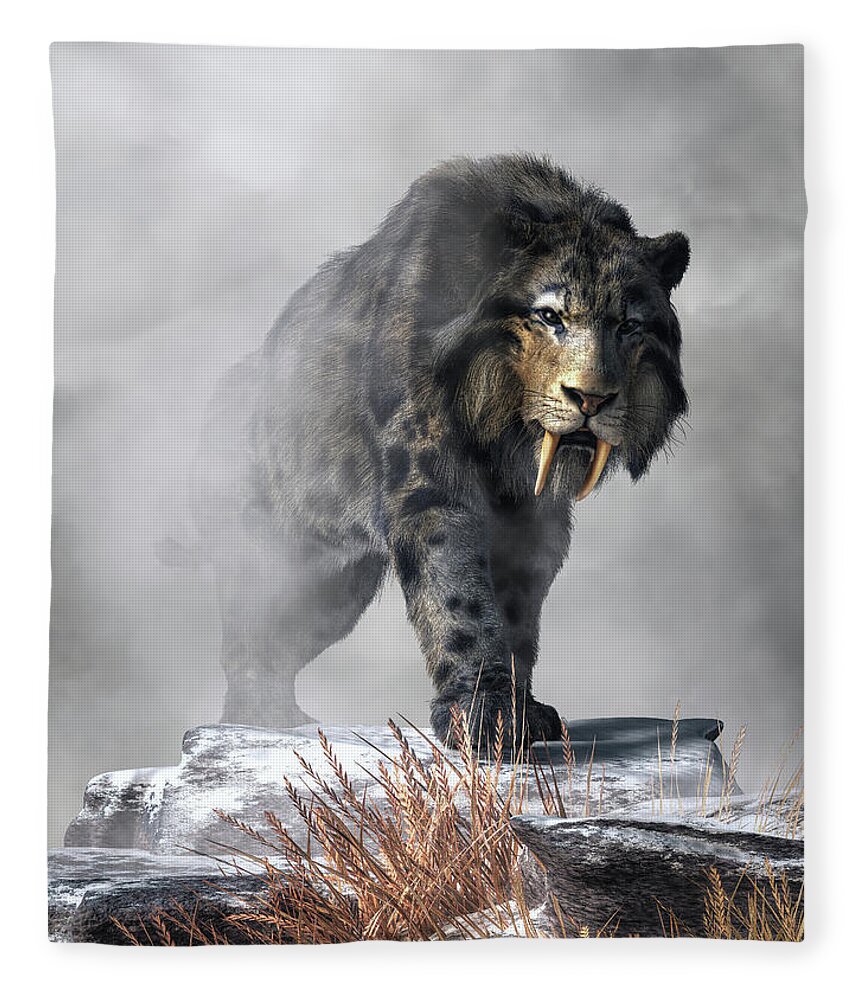 Saber-toothed Fleece Blanket featuring the digital art Smilodon Fatalis in Winter by Daniel Eskridge