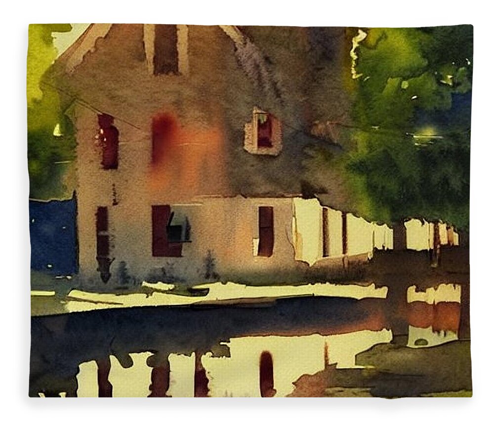 Waterloo Village Fleece Blanket featuring the painting Smith's Store Rear on the Morris Canal at Waterloo Village, Golden Hour by Christopher Lotito