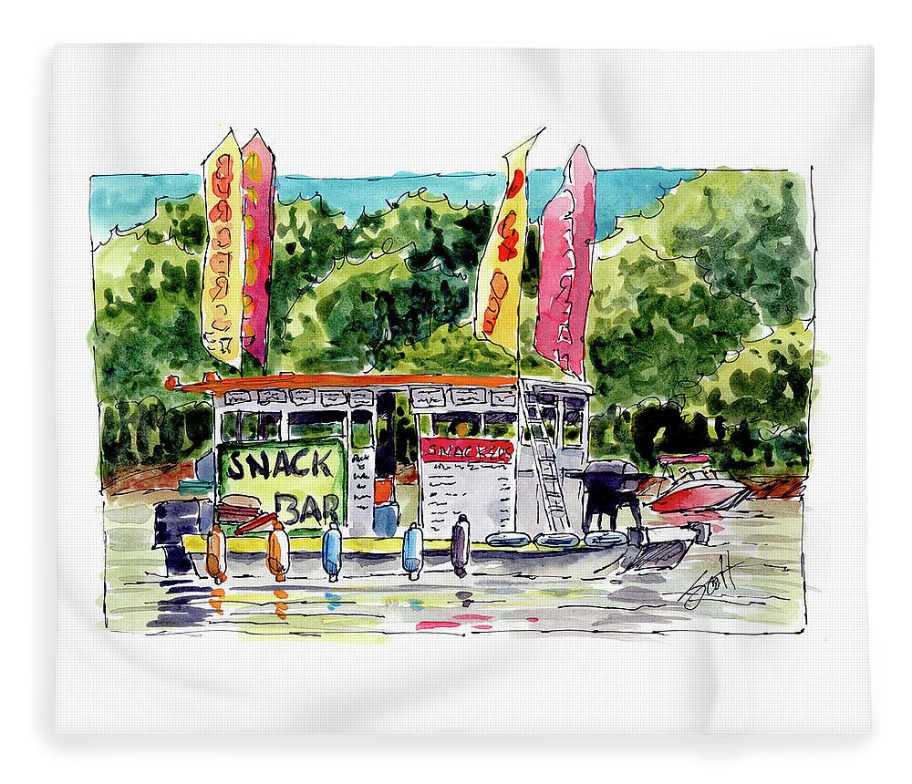 Boat Fleece Blanket featuring the painting Snack Barge by Scott Brown