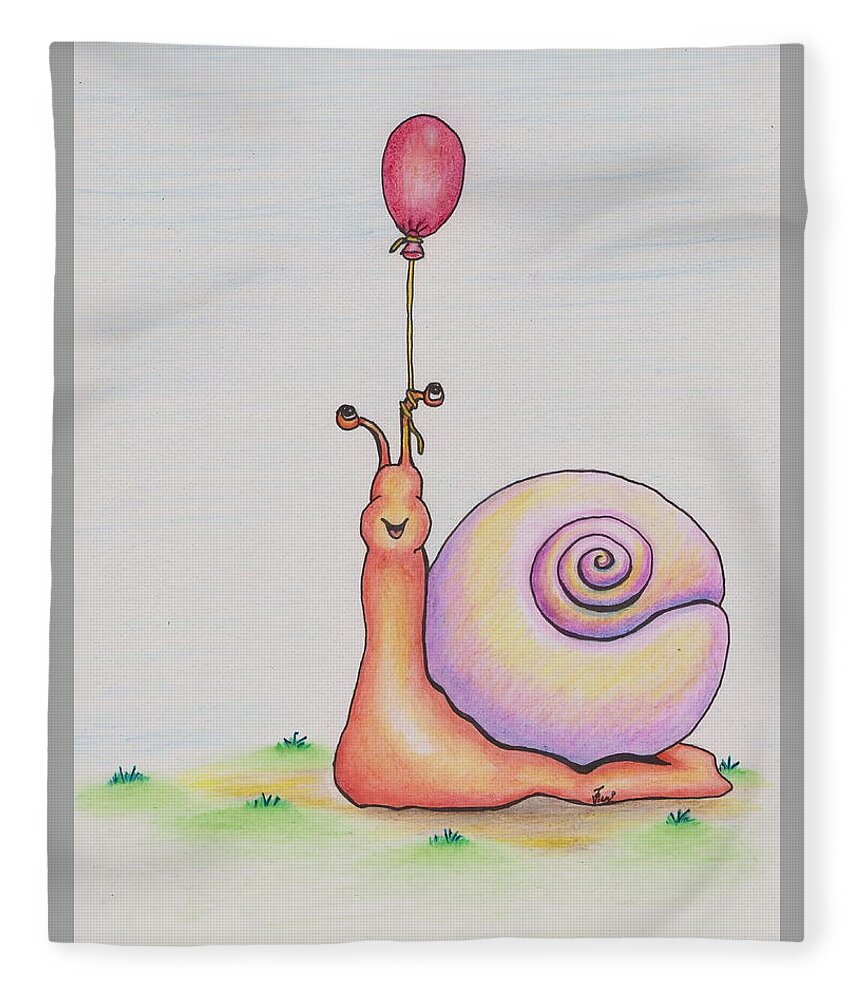Snail Fleece Blanket featuring the drawing Snail With Red Balloon by Vicki Noble