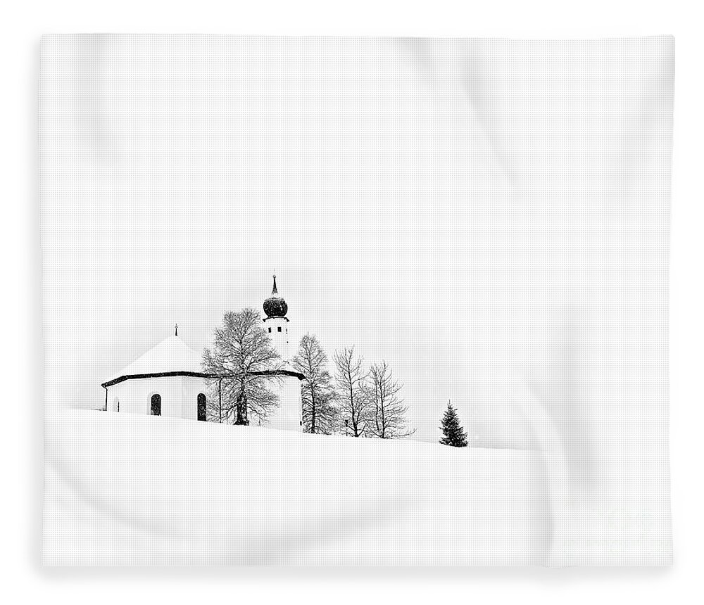 Cozy Snow Winter Austria White Trees Church Stylish Contemporary Conceptual Christmas Atmospheric Peaceful Beautiful Delightful Delicate Gentle Soft Snowdrifts Painterly Graphical Black Mono B&w Minimal Minimalist Minimalism Simplistic Simple Attractive Restful Relaxing Drawing Graphics Covered Xmas Season Greetings Enjoyable Cold Freezing Warm Calm Card Tranquility Relaxation Serene Singular Scenery View Magical Fairy Tale Elements Poetic Artistic Tranquility Snowing Snowfall Spiritual Inspire Fleece Blanket featuring the photograph Snow, Cosy Snow, White Christmas by Tatiana Bogracheva